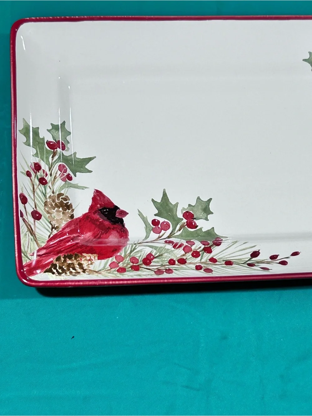 North Pole Trading Co Holly Berry Cardinal Ceramic Serving Platter Tray 14x8 NEW